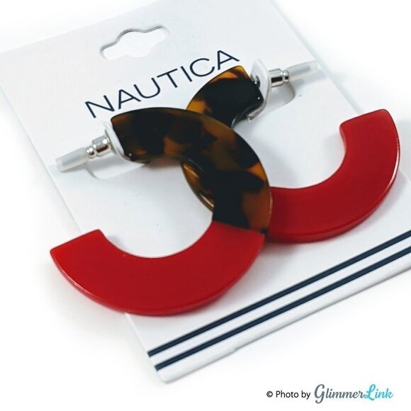 NWOT Nautica Red & Faux Tortoise Hoop Earrings - Picture 1 of 7